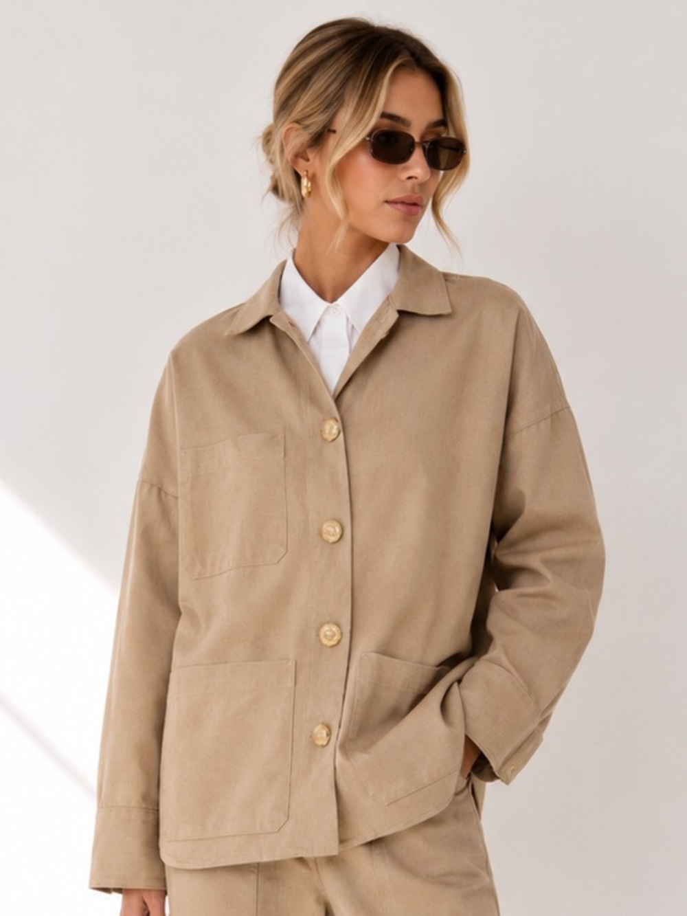 $470 SECULAR Tan Utility Jacket Gold Buttons Oversized Barn Jacket Medium